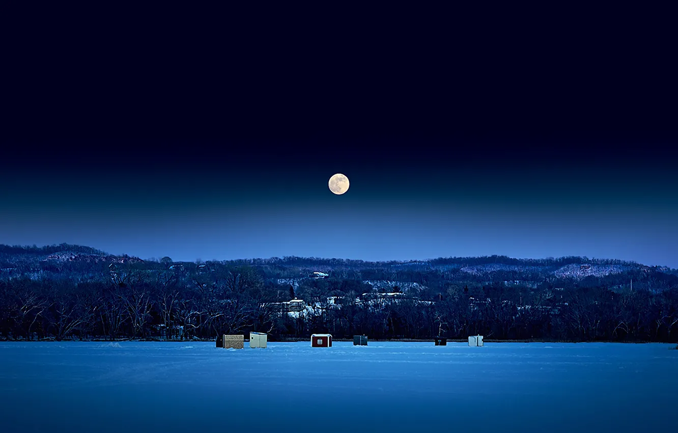 Фото обои зима, снег, ночь, дома, Луна