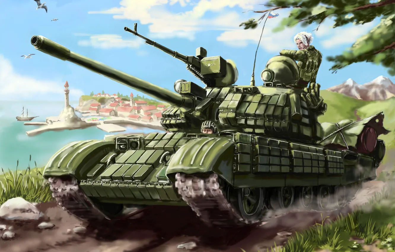 Фото обои город, флаг, солдат, танк, пулемет, россия, T-55
