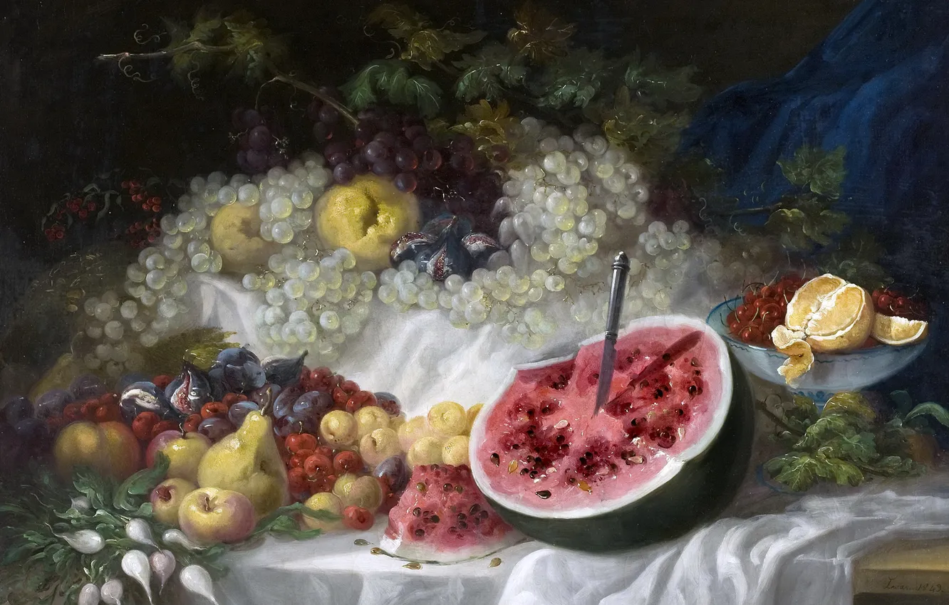 Фото обои ягоды, картина, арбуз, фрукты, Натюрморт, Эухенио Лукас Веласкес