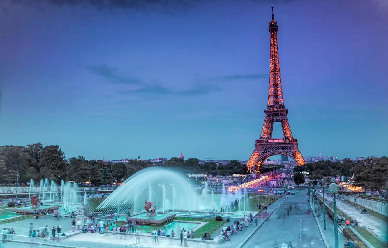 Фото обои небо, Париж, башня, вечер, фонтан
