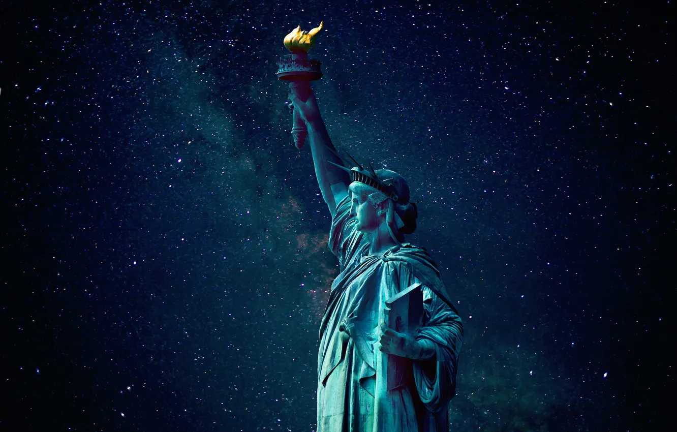 Фото обои звезды, ночь, Статуя Свободы, млечный путь, Liberty