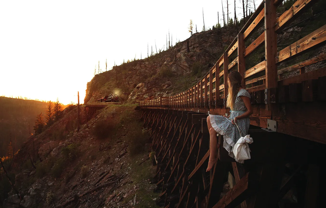 Фото обои девушка, мост, поезд