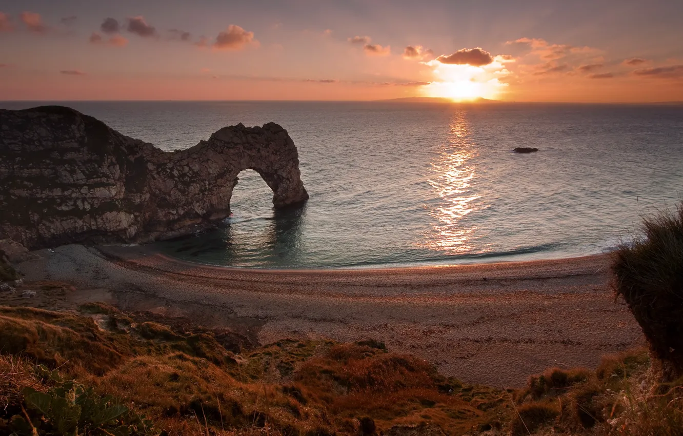 Фото обои море, пейзаж, закат, скалы, England, West Lulworth