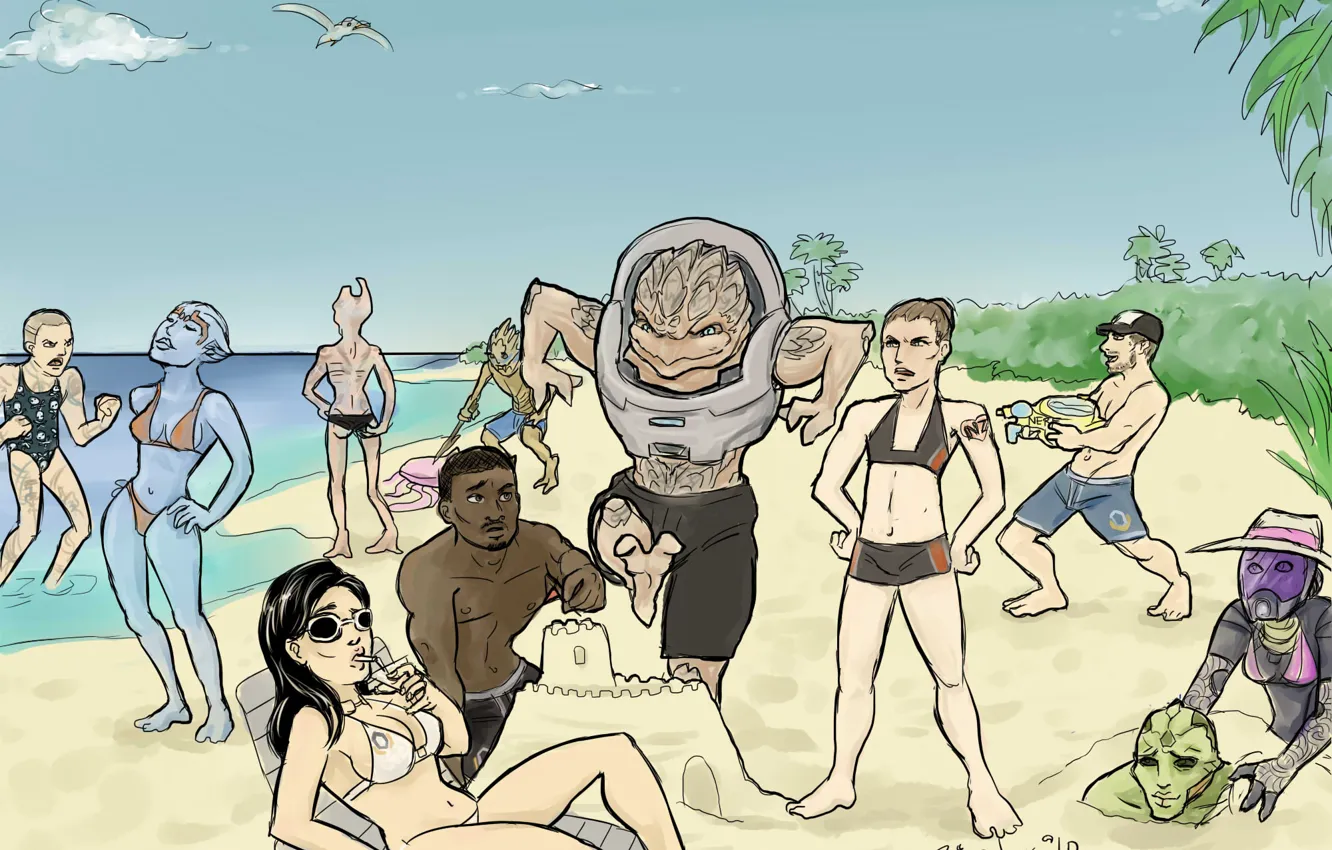 Фото обои песок, море, замок, отдых, отпуск, команда, sea, Mass Effect