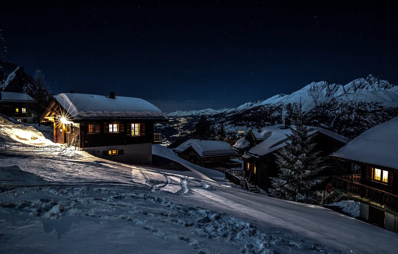 Фото обои зима, снег, пейзаж, горы, ночь, природа, село, дома