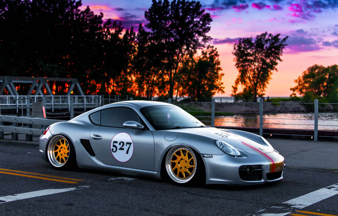 Фото обои Porsche, Cayman, Car, Front, Sunset, Sport, Stance, Silver