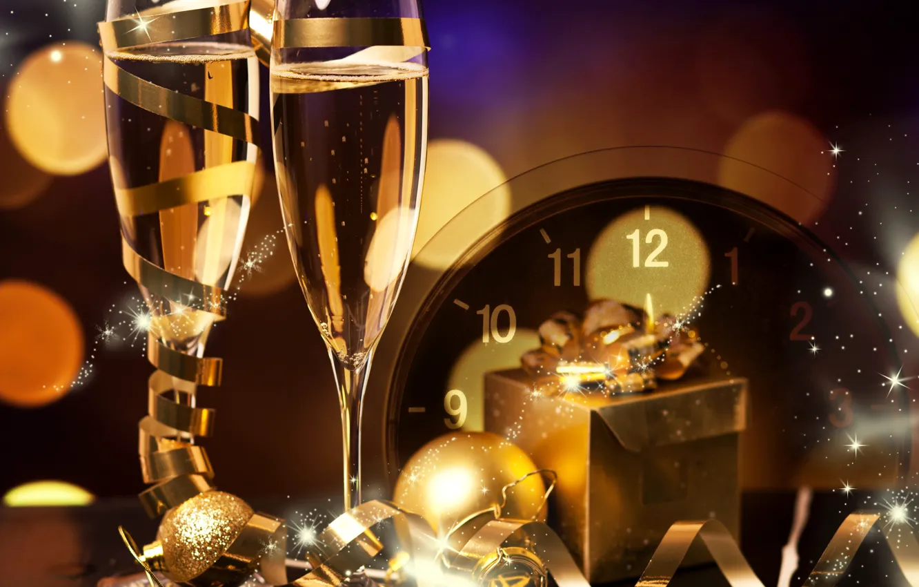 Фото обои шары, часы, бокалы, Новый год, шампанское, боке, New Year, gift
