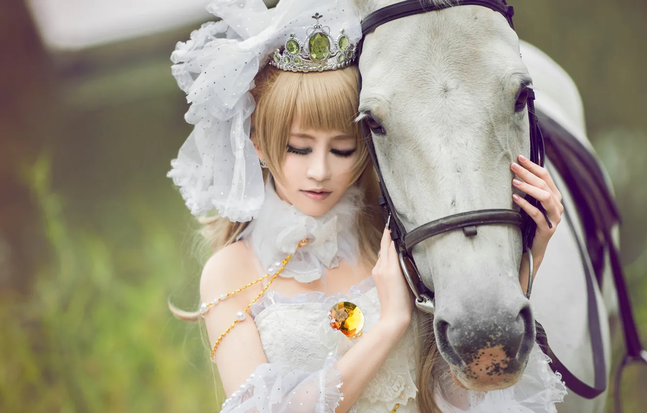 Фото обои девушка, конь, лошадь, азиатка