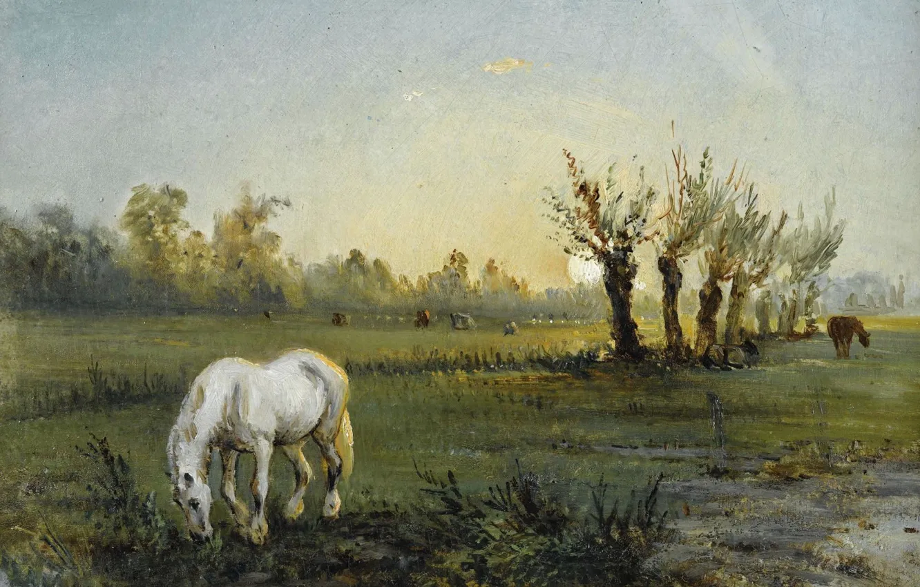 Фото обои пейзаж, картина, Camille Pissarro, Камиль Писсарро, Белая Лошадь на Лугу