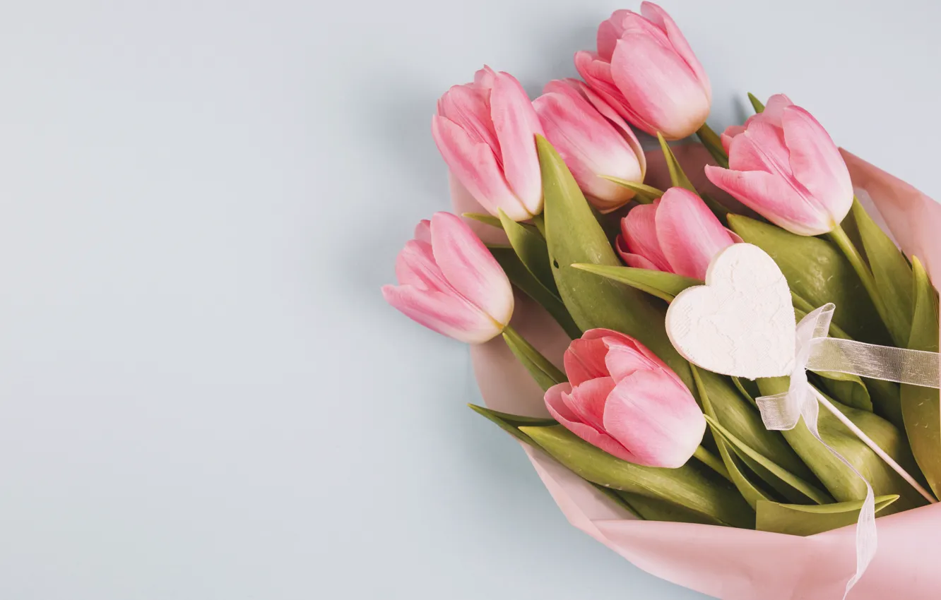 Фото обои цветы, сердце, букет, тюльпаны, love, розовые, fresh, heart