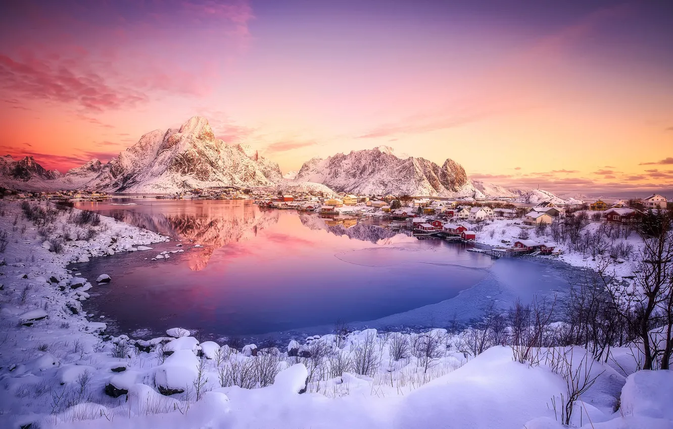 Фото обои зима, снег, Норвегия, городок, север, поселение, неб