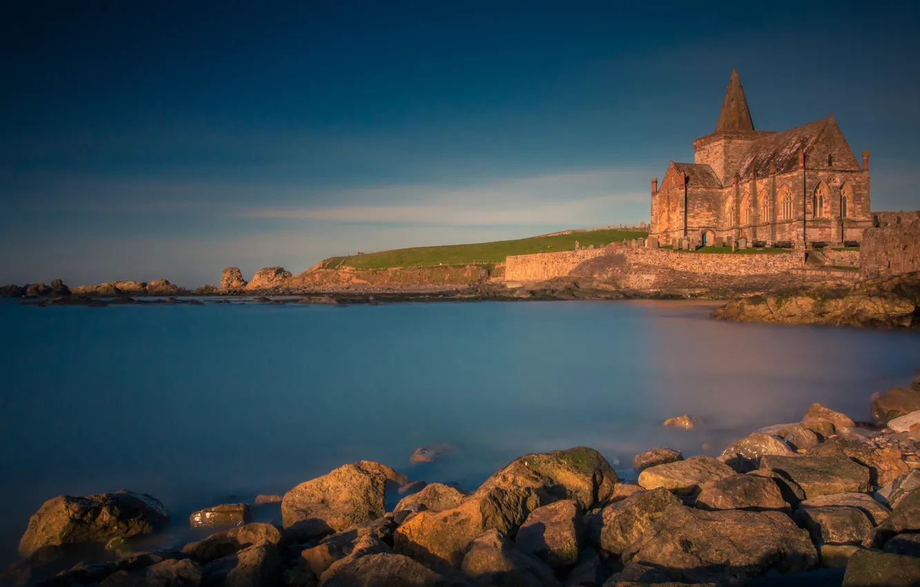 Фото обои море, камни, побережье, Шотландия, церковь, Scotland, Северное море, North Sea