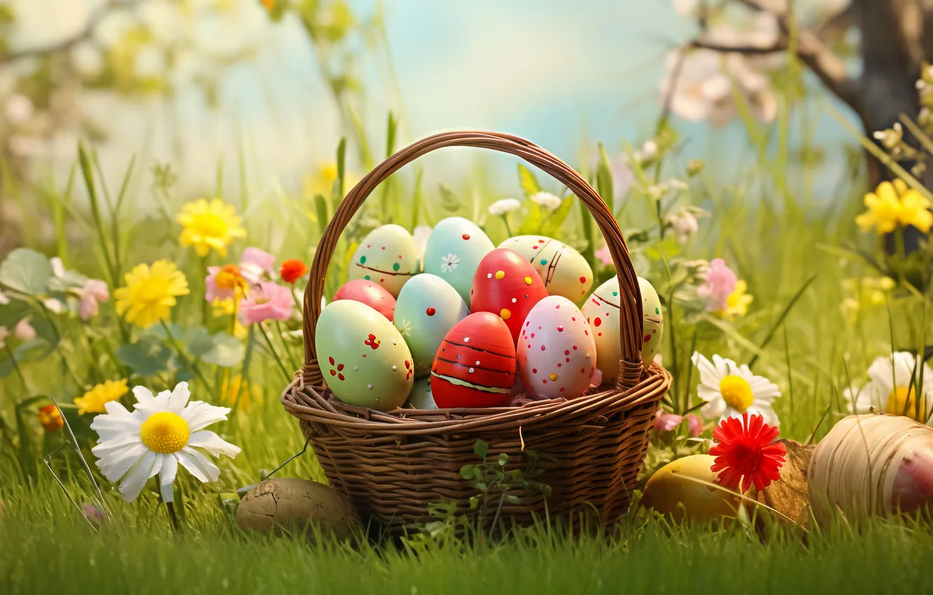 Фото обои цветы, яйца, весна, colorful, Пасха, happy, flowers, spring