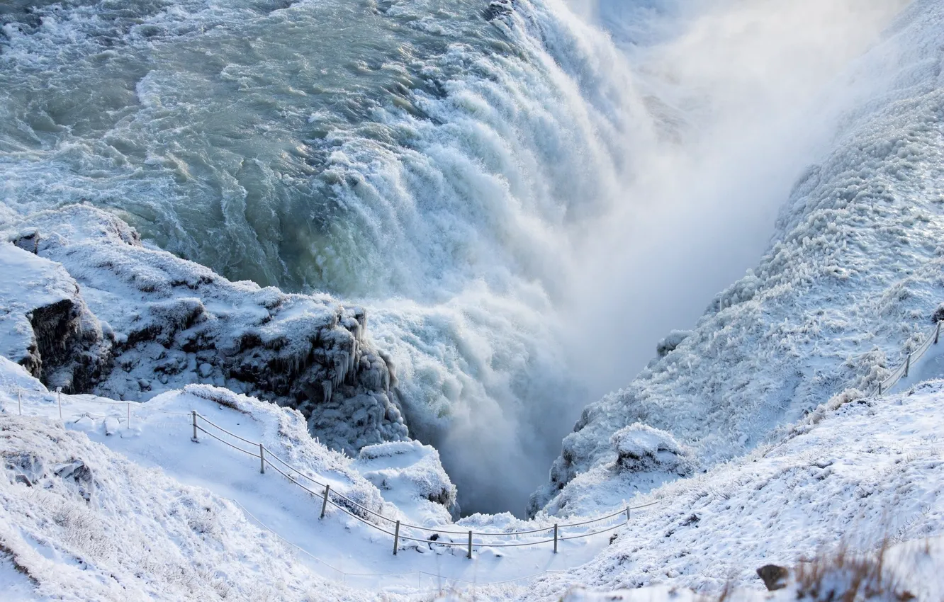 Фото обои зима, снег, водопад