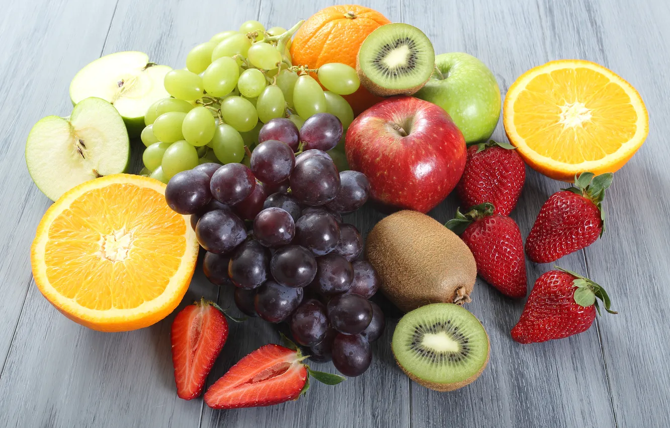 Фото обои ягоды, яблоки, апельсин, киви, клубника, виноград, фрукты, fruit