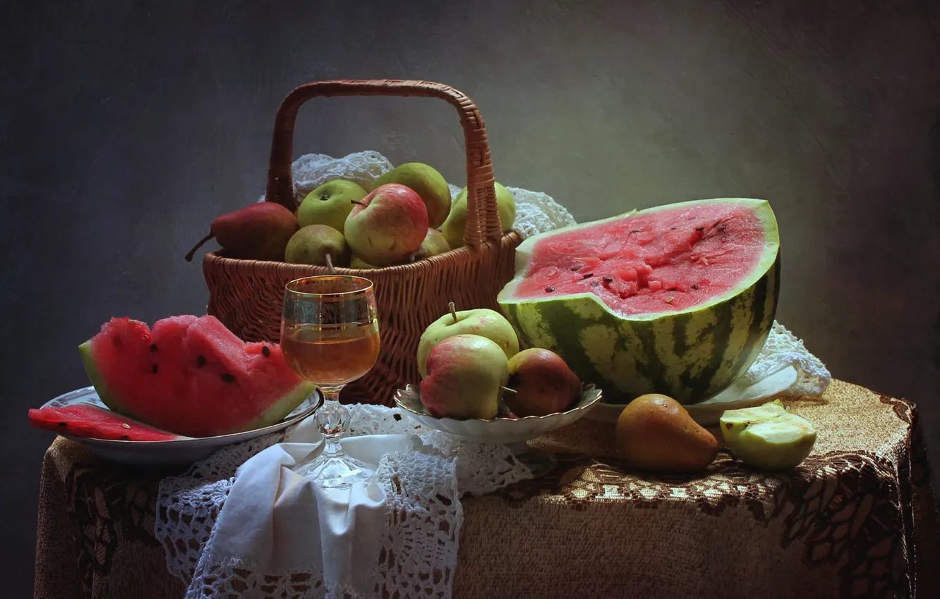 Фото обои корзина, яблоки, бокал, арбуз, натюрморт, груши