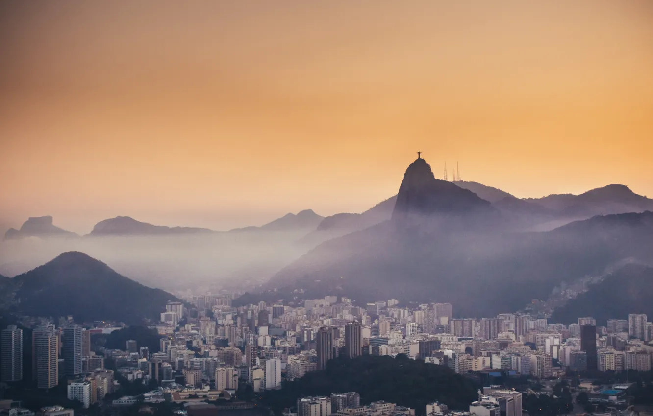 Фото обои горы, туман, вечер, Рио-де-Жанейро, mountains, evening, fog, Rio de Janeiro