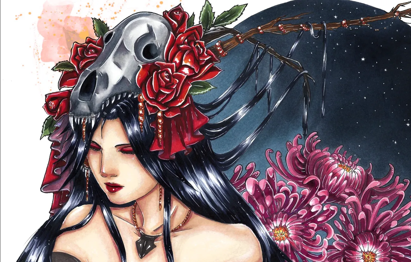 Фото обои девушка, украшения, цветы, лицо, луна, волосы, япония, череп
