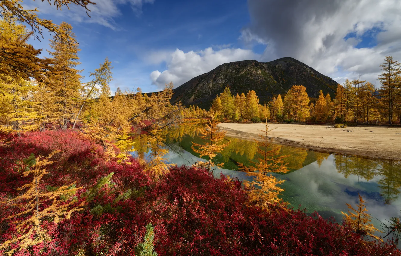Фото обои осень, облака, пейзаж, природа, озеро, растительность, гора, Колыма