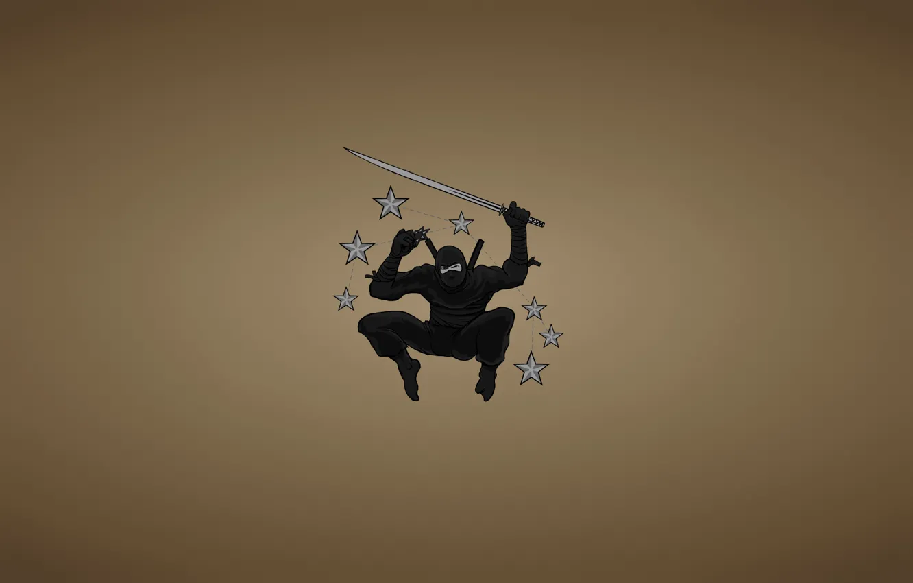 Фото обои оружие, прыжок, минимализм, меч, ниндзя, звездочки, клинок, ninja