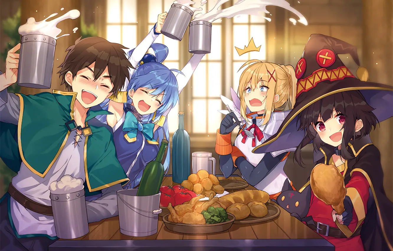 Фото обои стол, девушки, еда, парень, напитки, Darkness, Aqua, Kazuma Satou