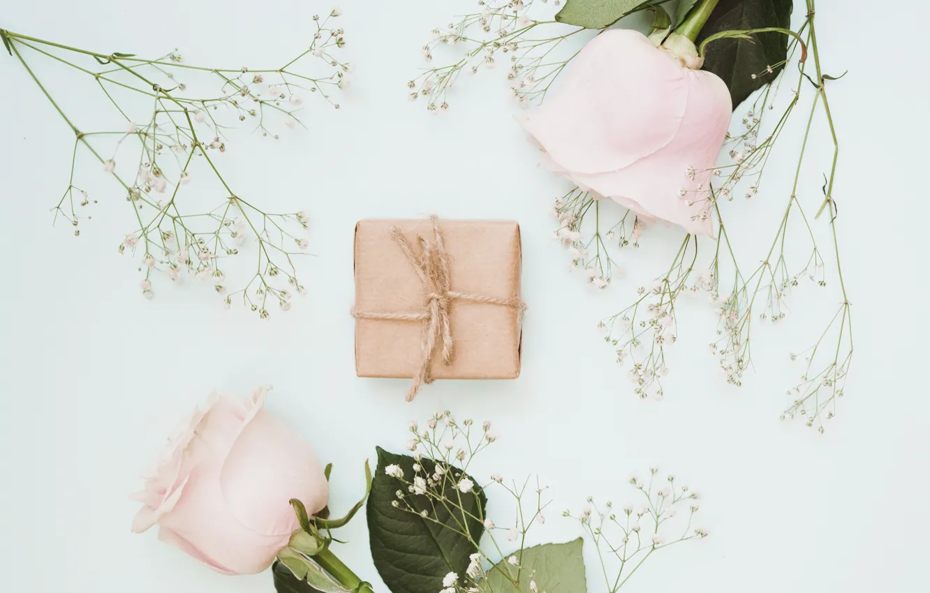 Фото обои цветы, подарок, розы, букет, pink, flowers, roses, gift box