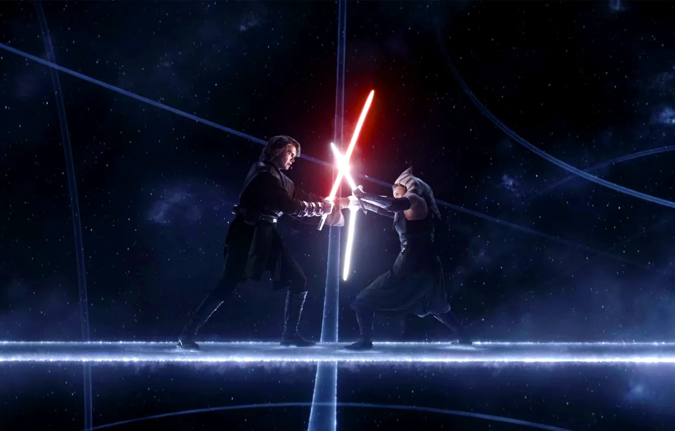 Фото обои dark, light, darth, darth vader, Rosario Dawson, fight, lightsaber, jedi
