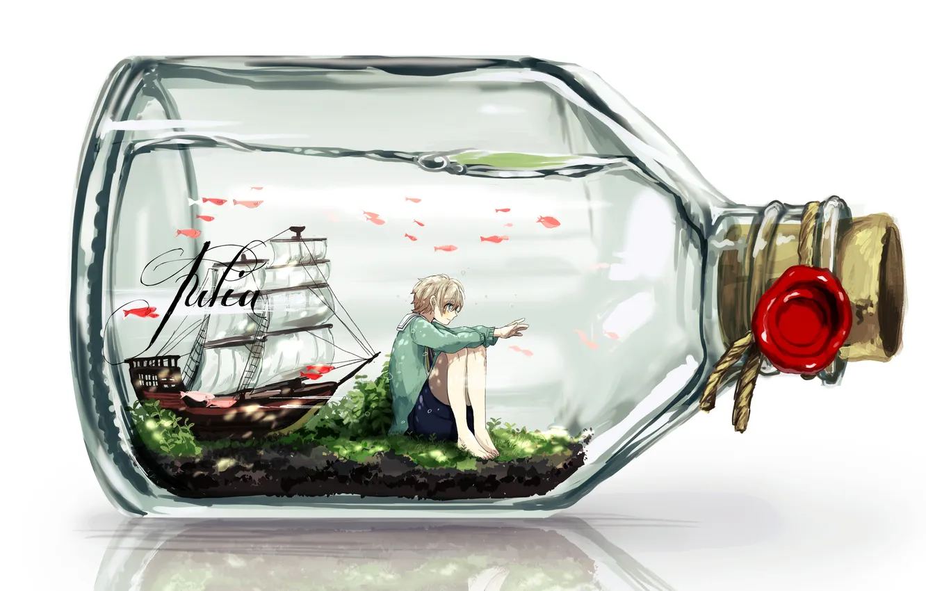 Фото обои вода, рыбки, корабль, бутылка, аниме, арт, парень, печать