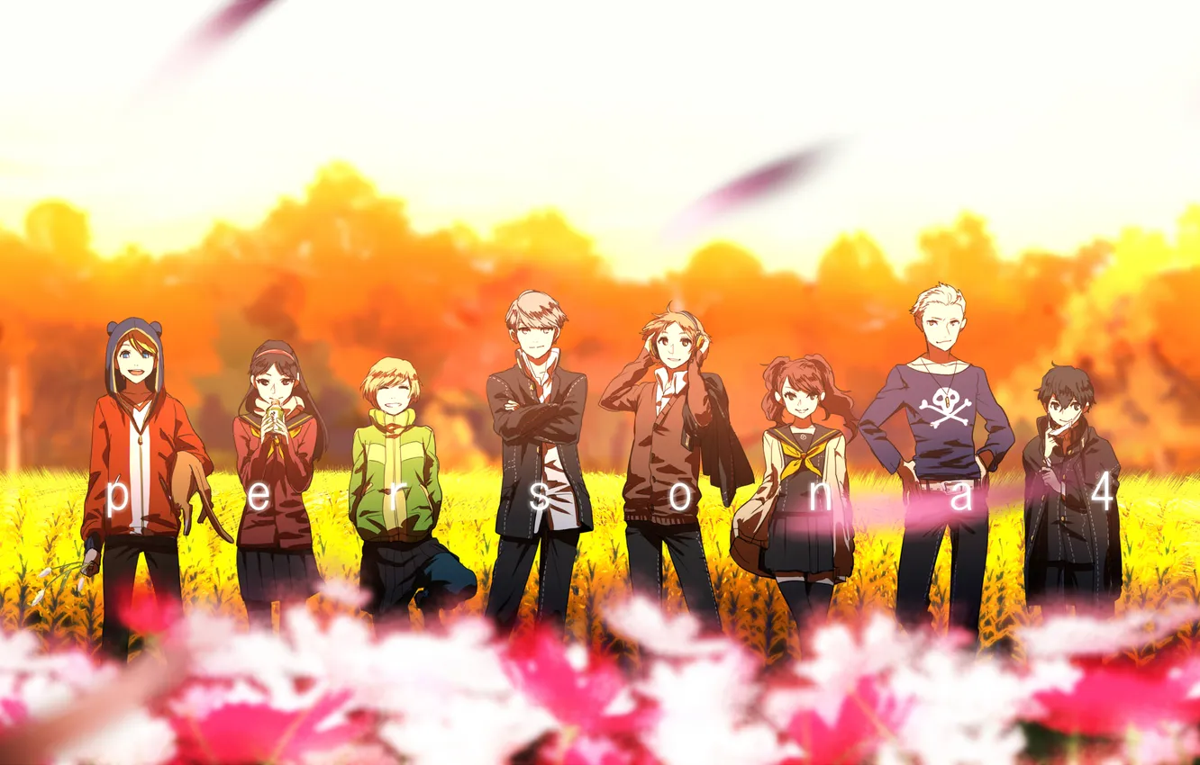 Фото обои форма, школьники, amagi yukiko, kuma, shirogane naoto, kujikawa rise, hanamura yousuke, persona 4 the animation