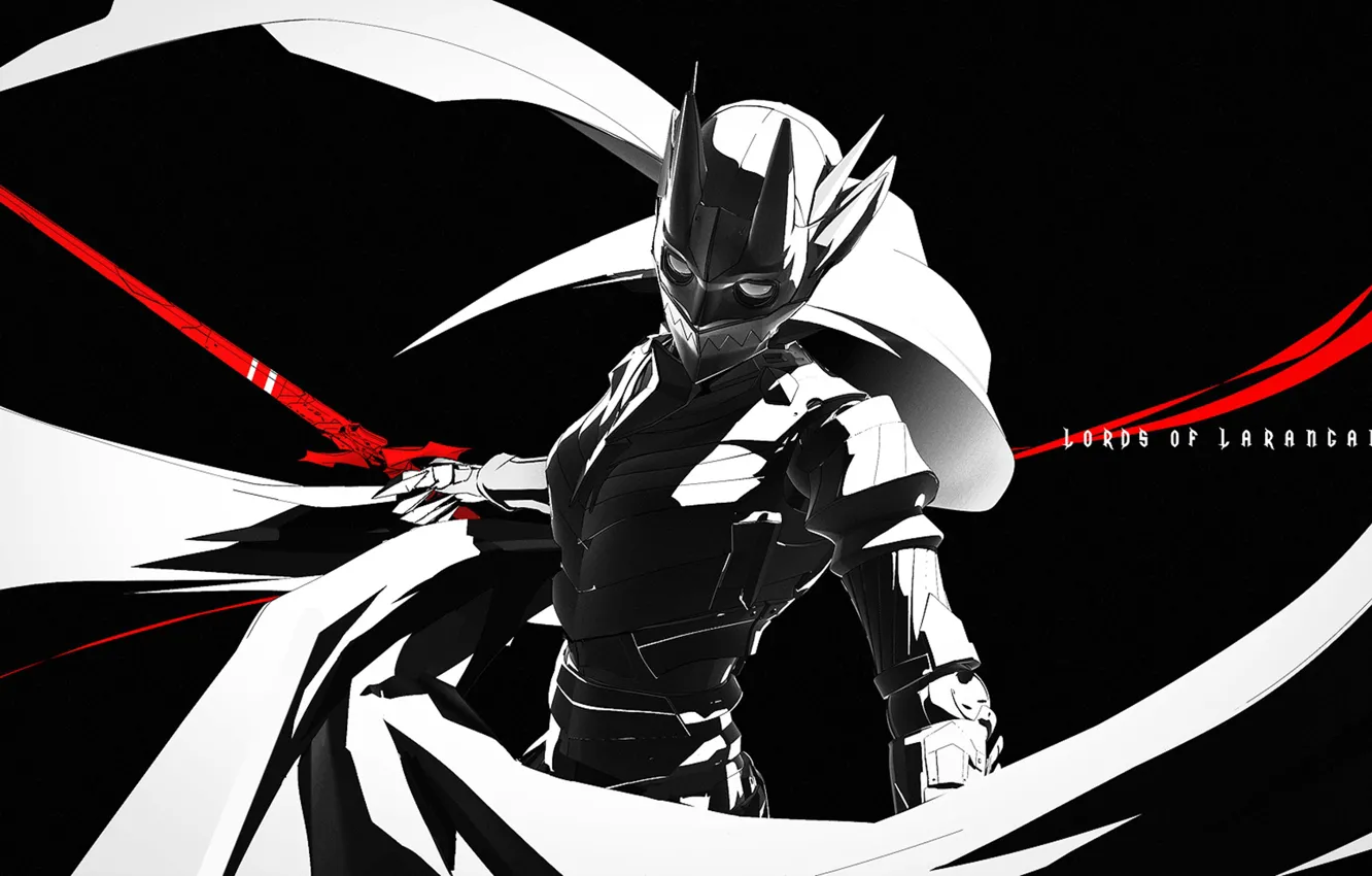 Фото обои девушка, меч, доспехи, маска, арт, шлем