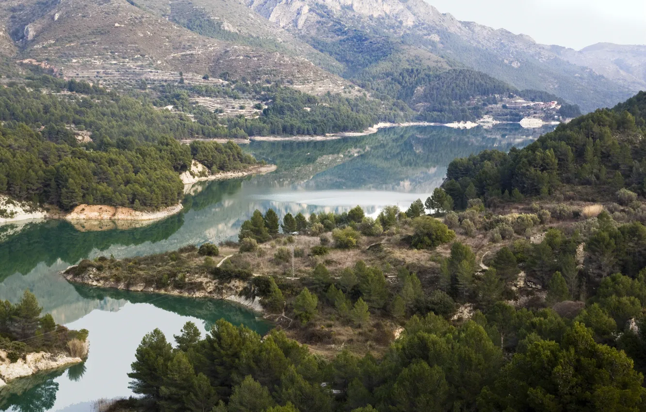 Фото обои горы, Испания, леса, Spain, Valencia, Валенсия, река Гвадалест, Guadalest river