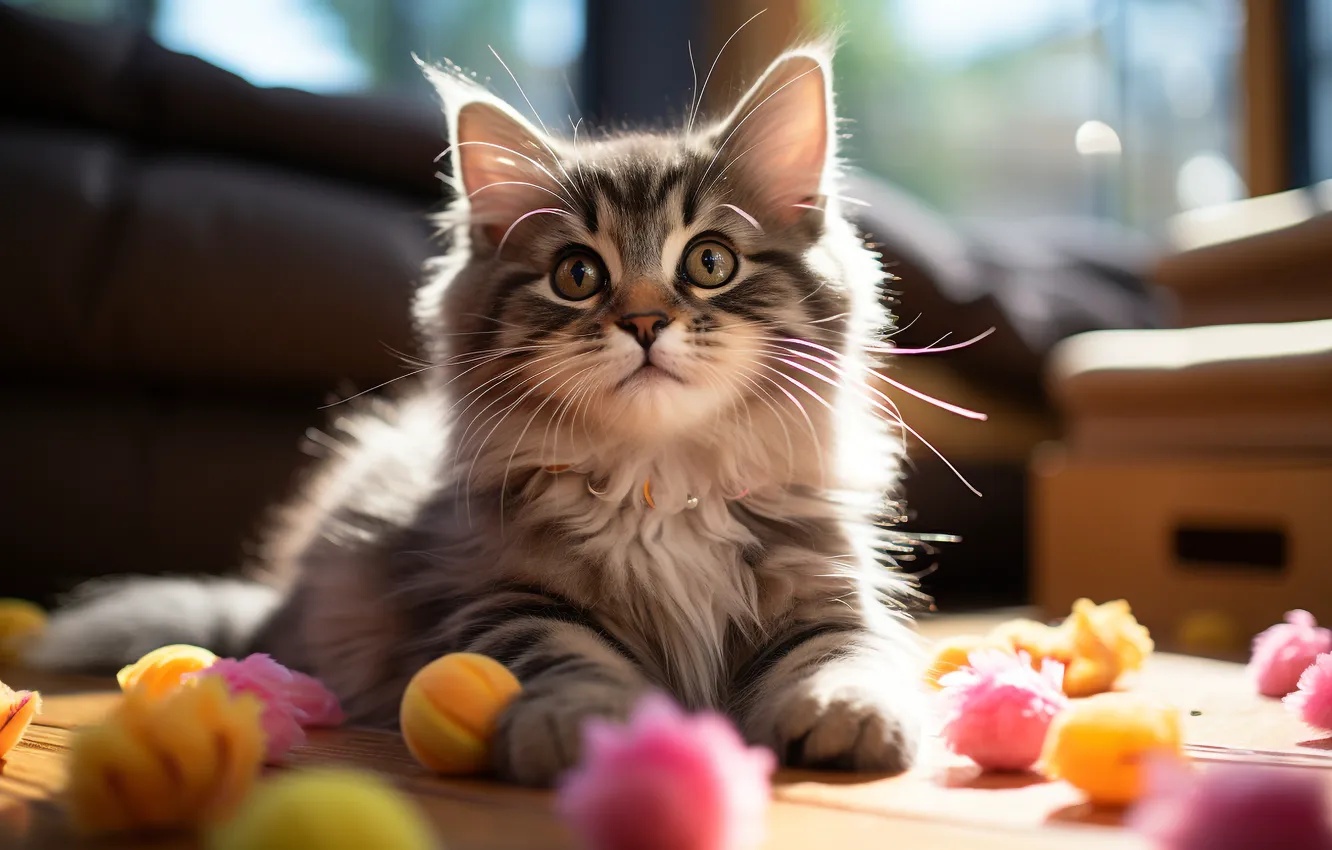 Фото обои кошка, взгляд, котенок, игрушки, мордашка, ИИ-арт, нейросеть