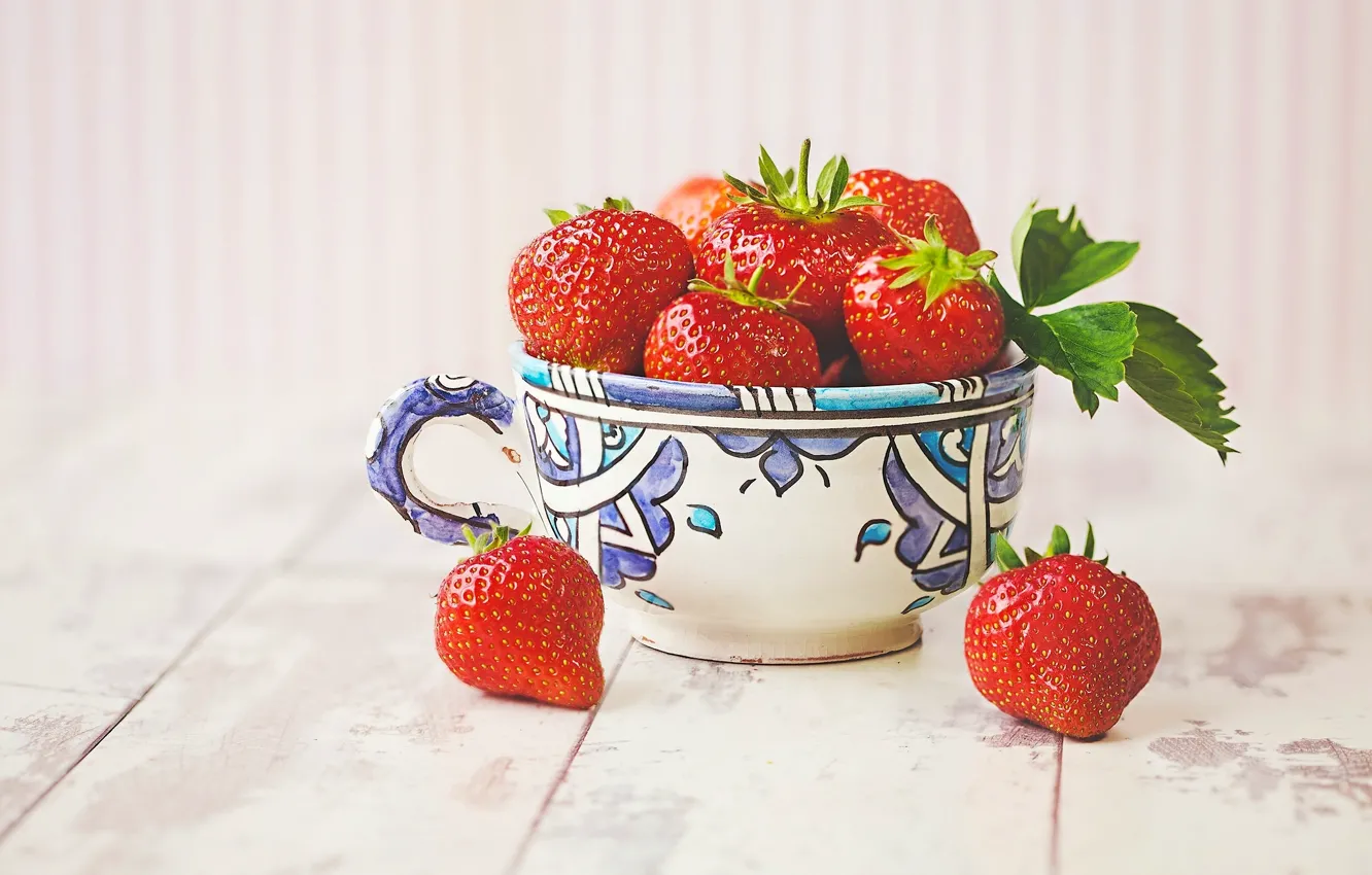 Фото обои ягоды, клубника, кружка, чашка