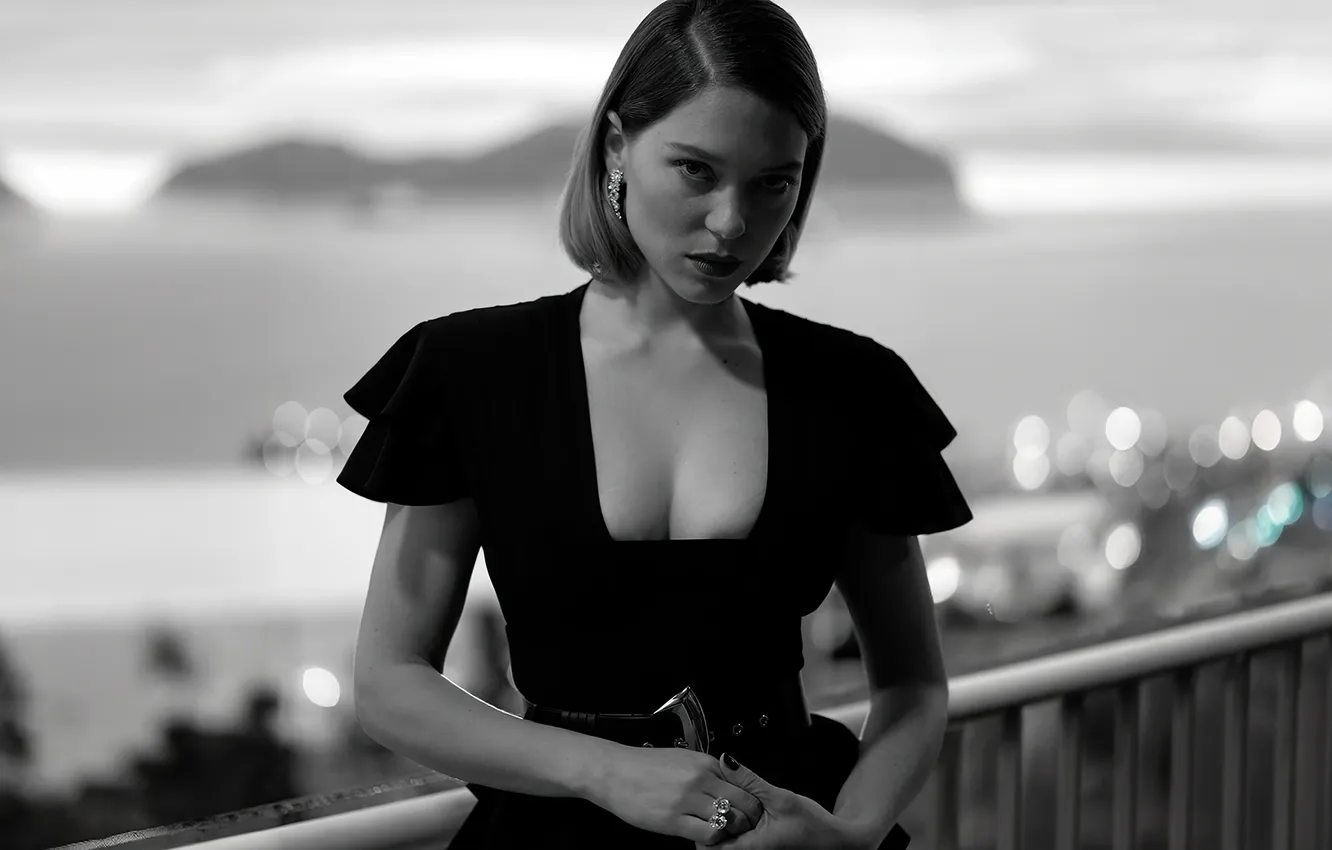 Фото обои девушка, поза, фото, модель, платье, черно-белое, Lea Seydoux