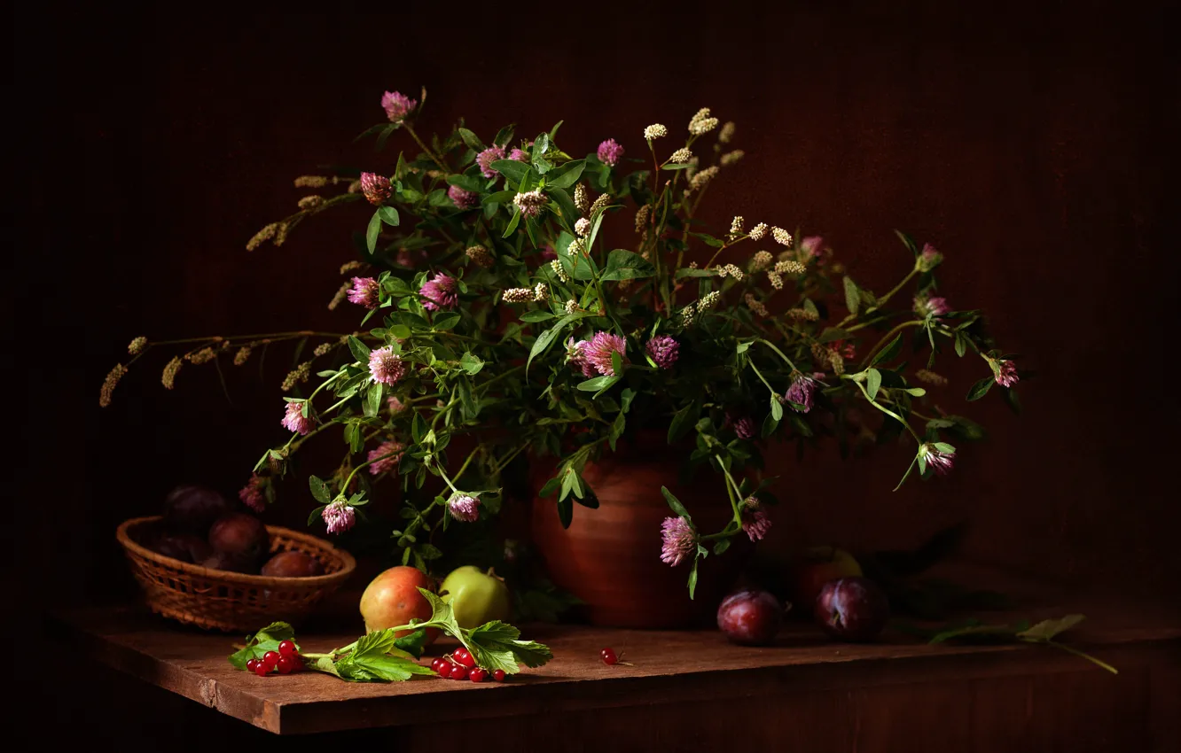 Фото обои ягоды, букет, фрукты, натюрморт, полевые цветы, калина