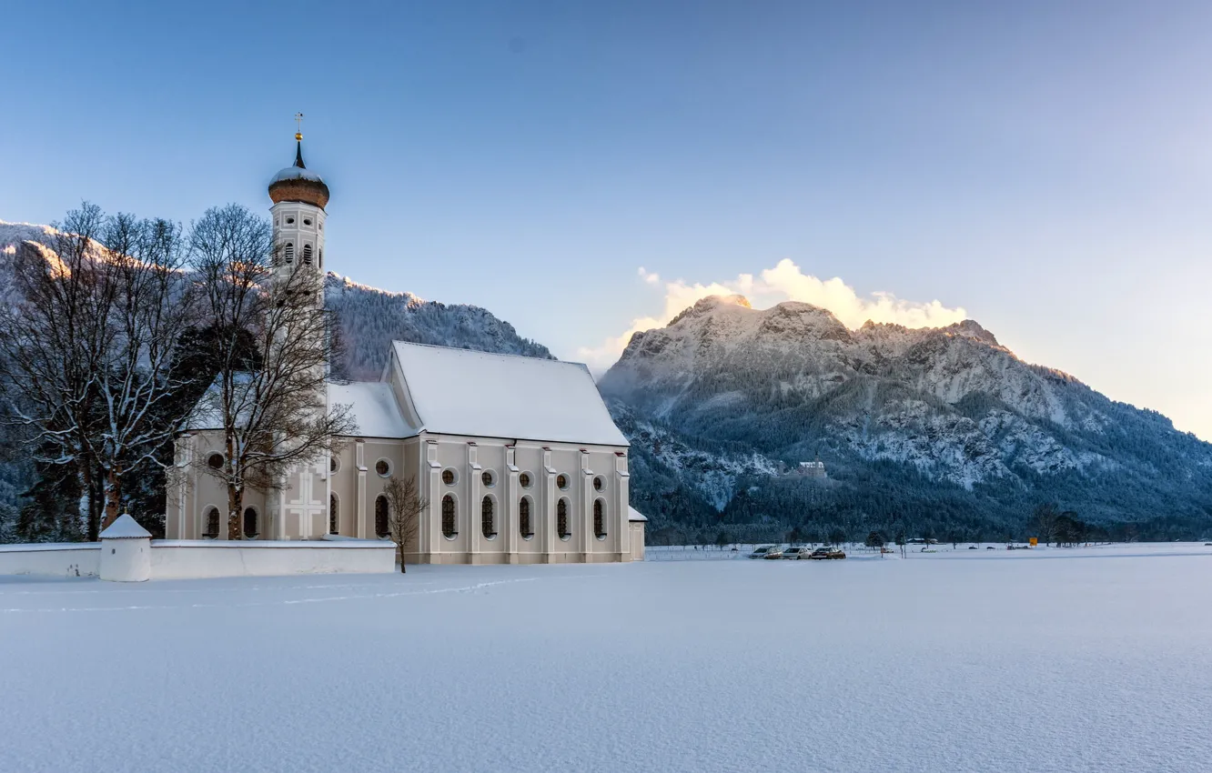 Фото обои зима, снег, горы, Германия, Бавария, Альпы, церковь, Germany