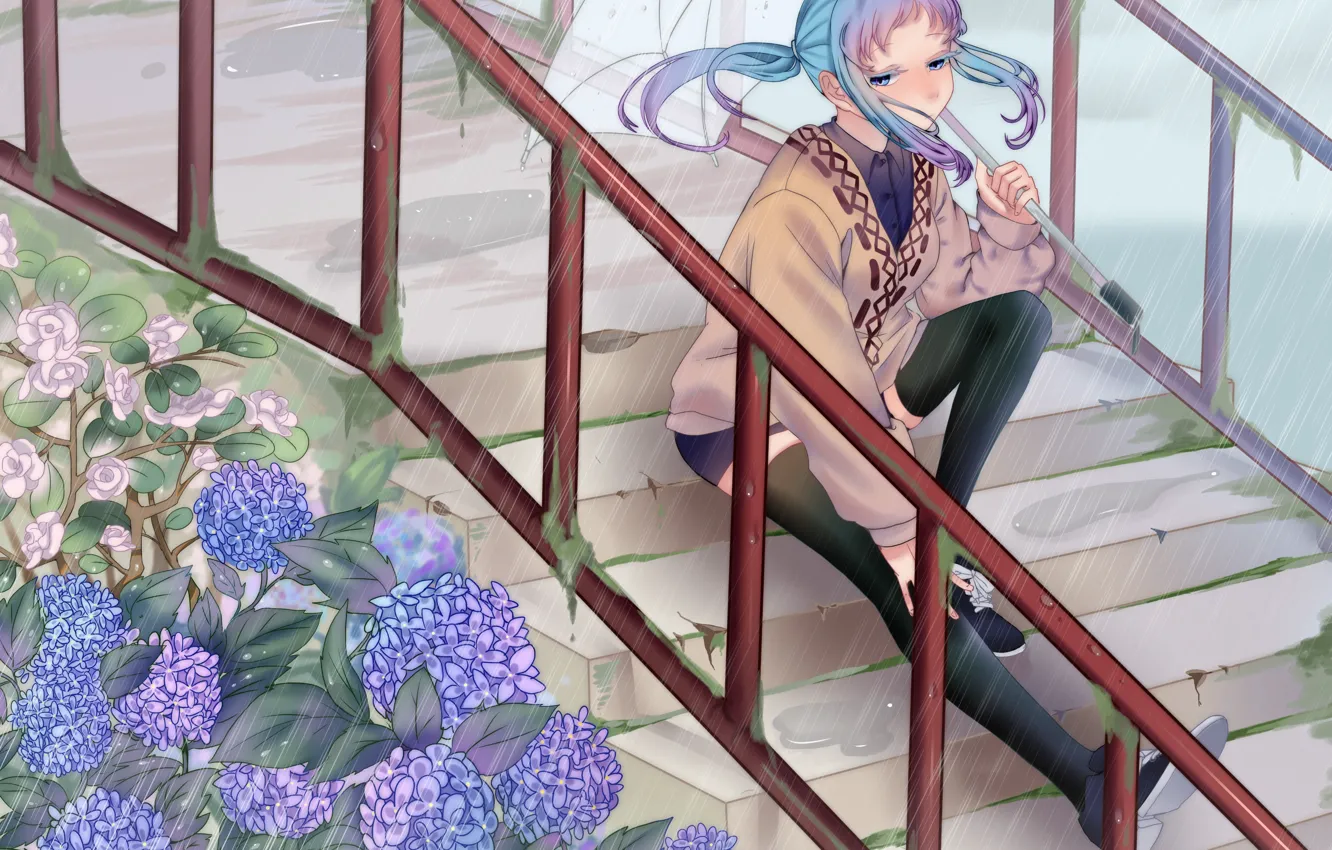 Фото обои цветы, дождь, зонт, девочка, Hatsune Miku, Vocaloid, Вокалоид, гортензия