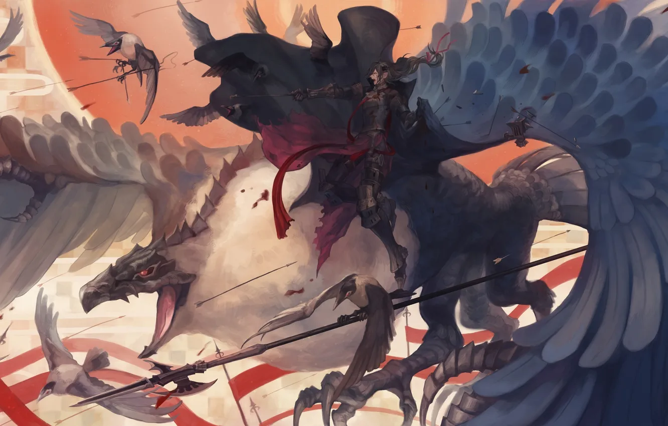 Фото обои птицы, оружие, кровь, меч, аниме, арт, битва, парень