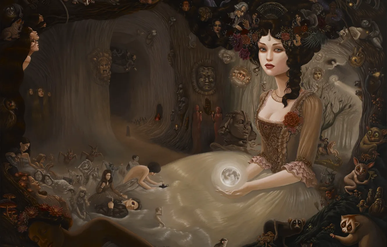 Фото обои девушка, сюрреализм, луна, роза, шар, лица, детали, пышное платье