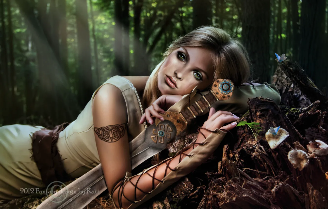 Фото обои лес, взгляд, девушка, деревья, оружие, фантастика, волосы, меч