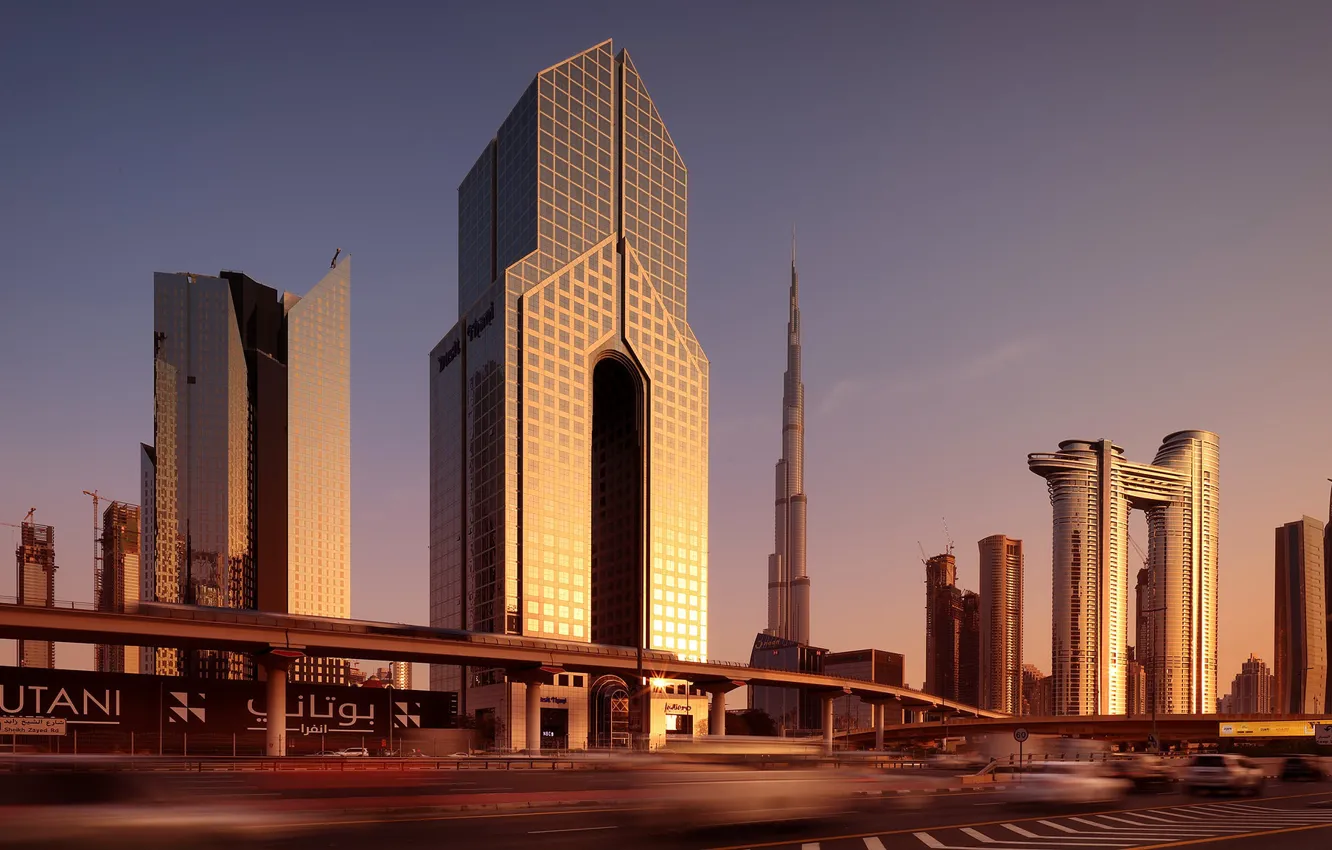 Фото обои дорога, здания, дома, Дубай, Dubai, небоскрёбы, ОАЭ, UAE