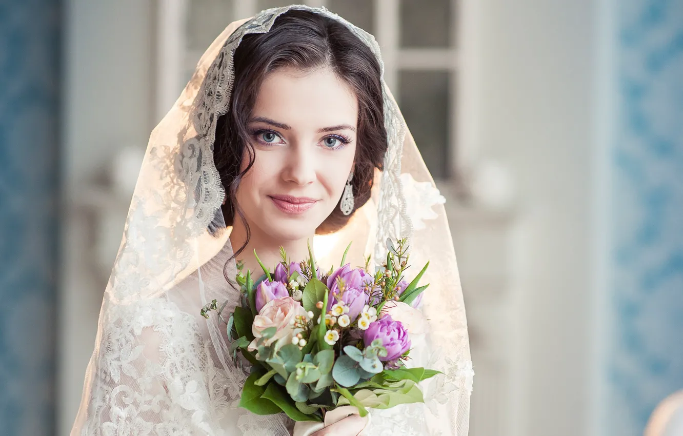 Фото обои взгляд, девушка, букет, красивая, невеста, платок
