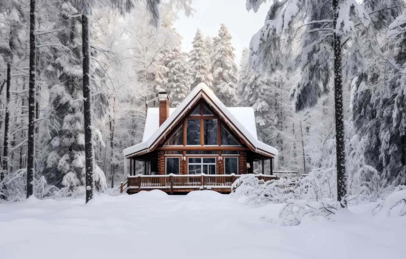 Фото обои зима, лес, снег, домик, house, хижина, forest, winter