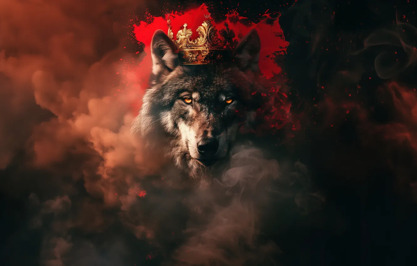 Фото обои Wolf, Smoke, Crown, King, Animals, AI art