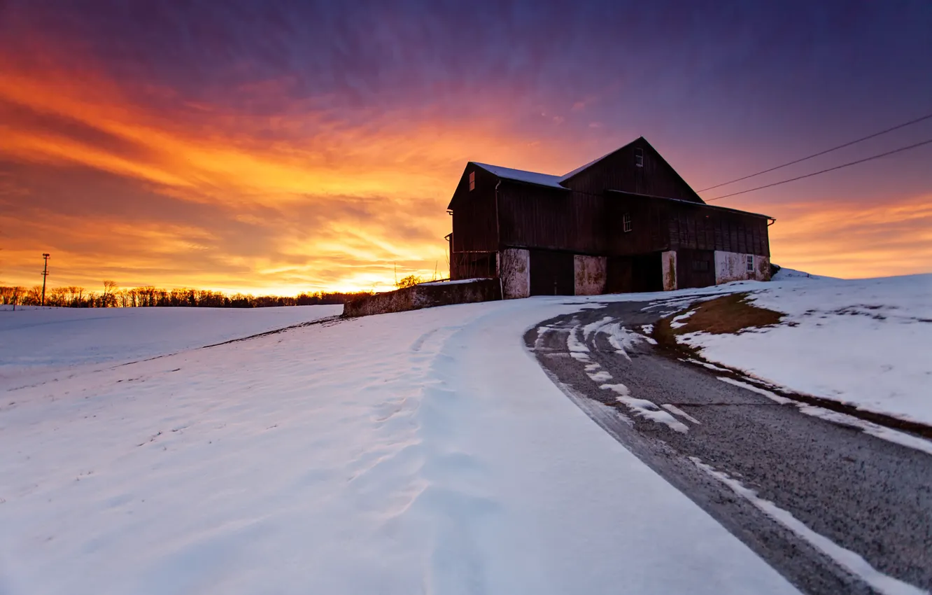 Фото обои зима, дорога, небо, снег, пейзаж, закат, природа, дом
