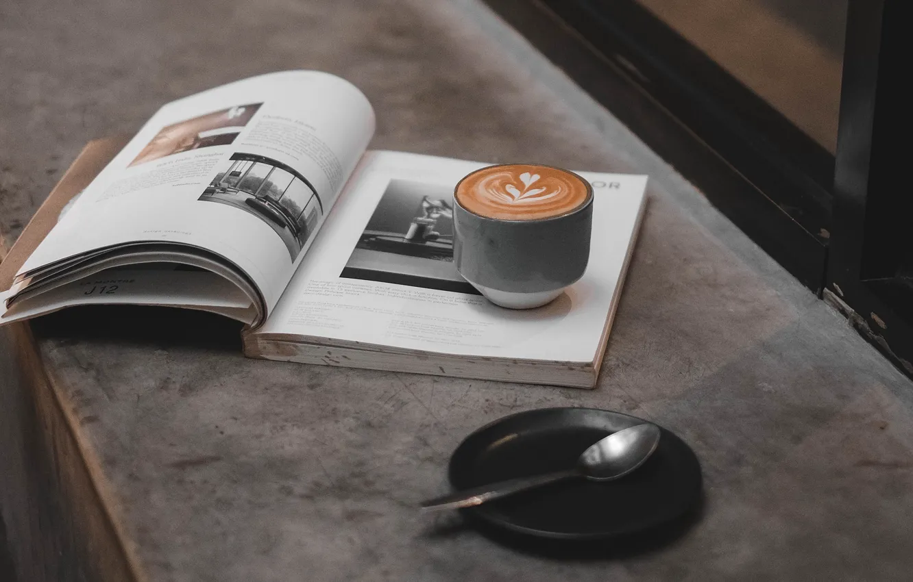 Фото обои кофе, чашка, книга, журнал