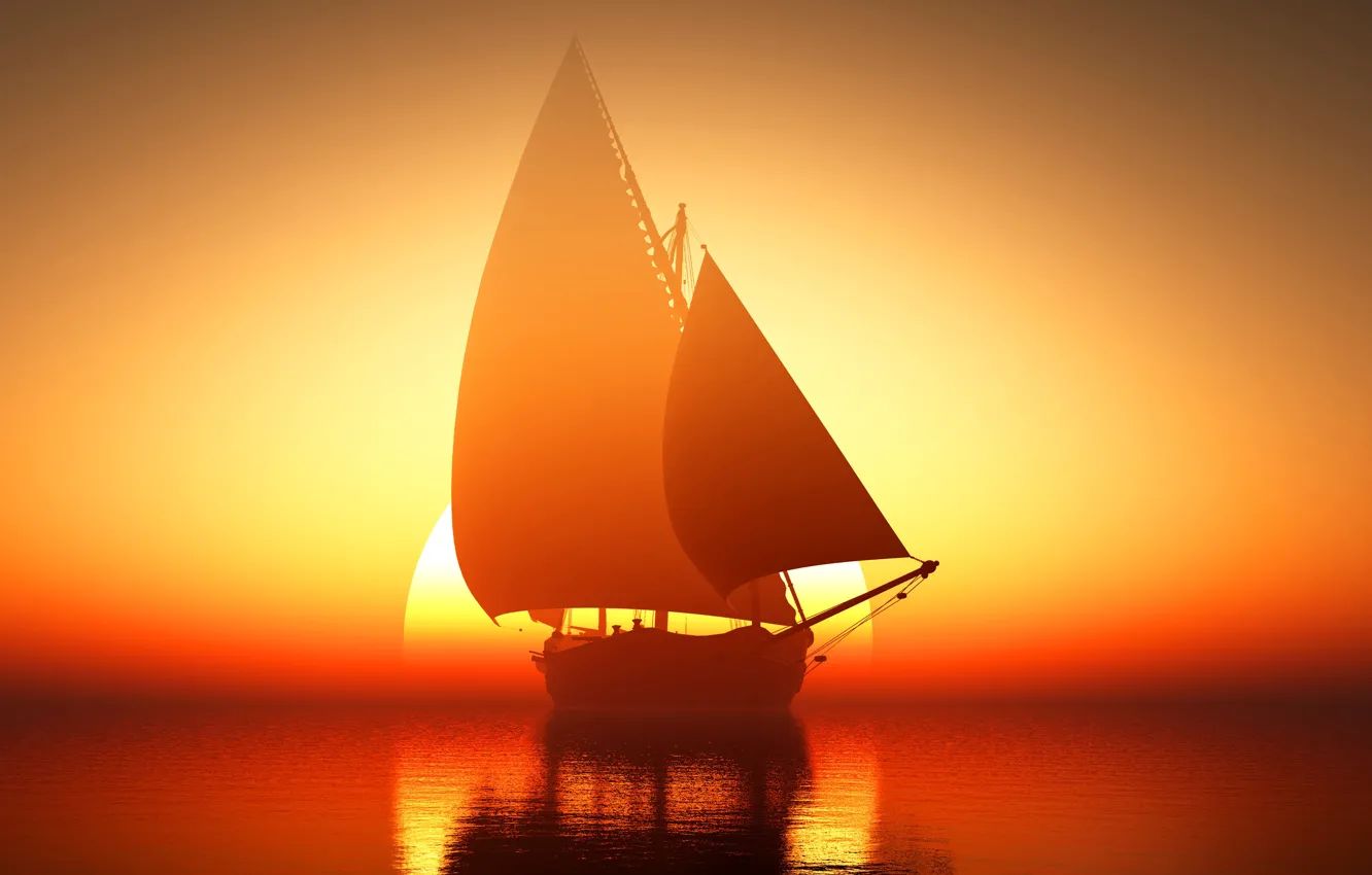 Фото обои море, солнце, восход, корабль, парусник, горизонт, зарево