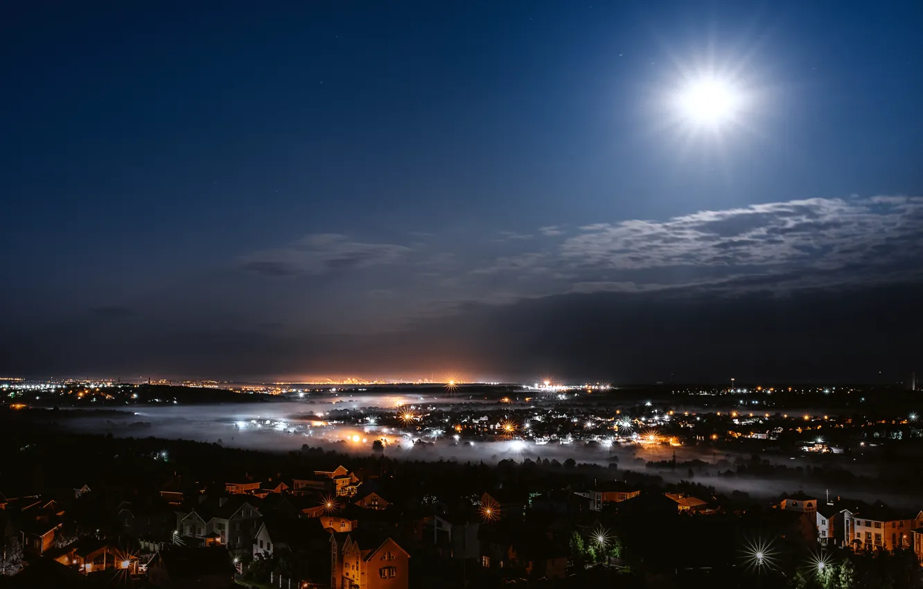 Фото обои ночь, огни, луна, Россия, Нижний Новгород, Игорь Кондуков, Igor Kondukov