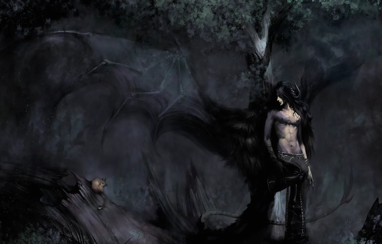 Фото обои лес, кот, тьма, рисунок, крылья, демон, рога, парень
