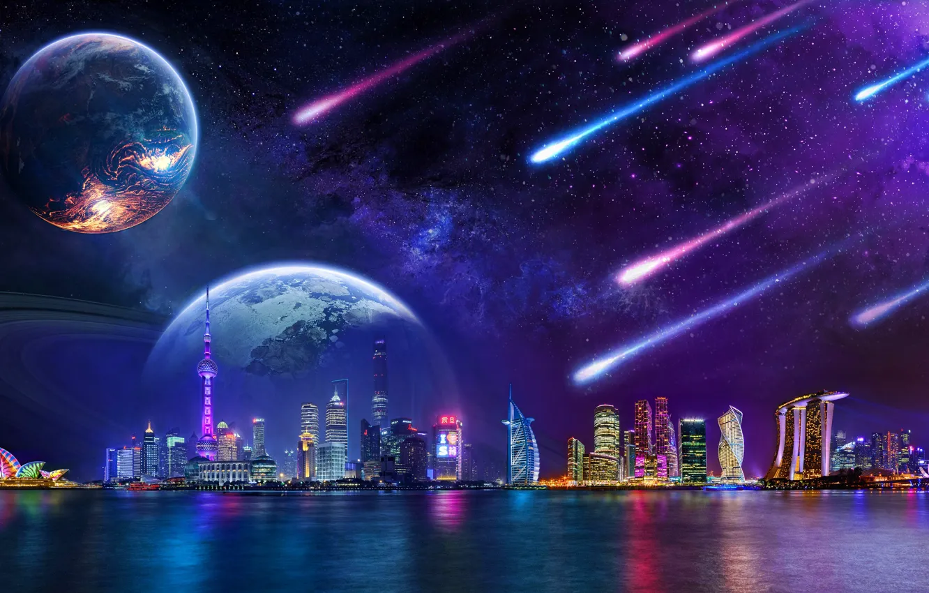 Фото обои planets, comets, skyscrapers, fantasy art, nightscapes, skyline cityscapes